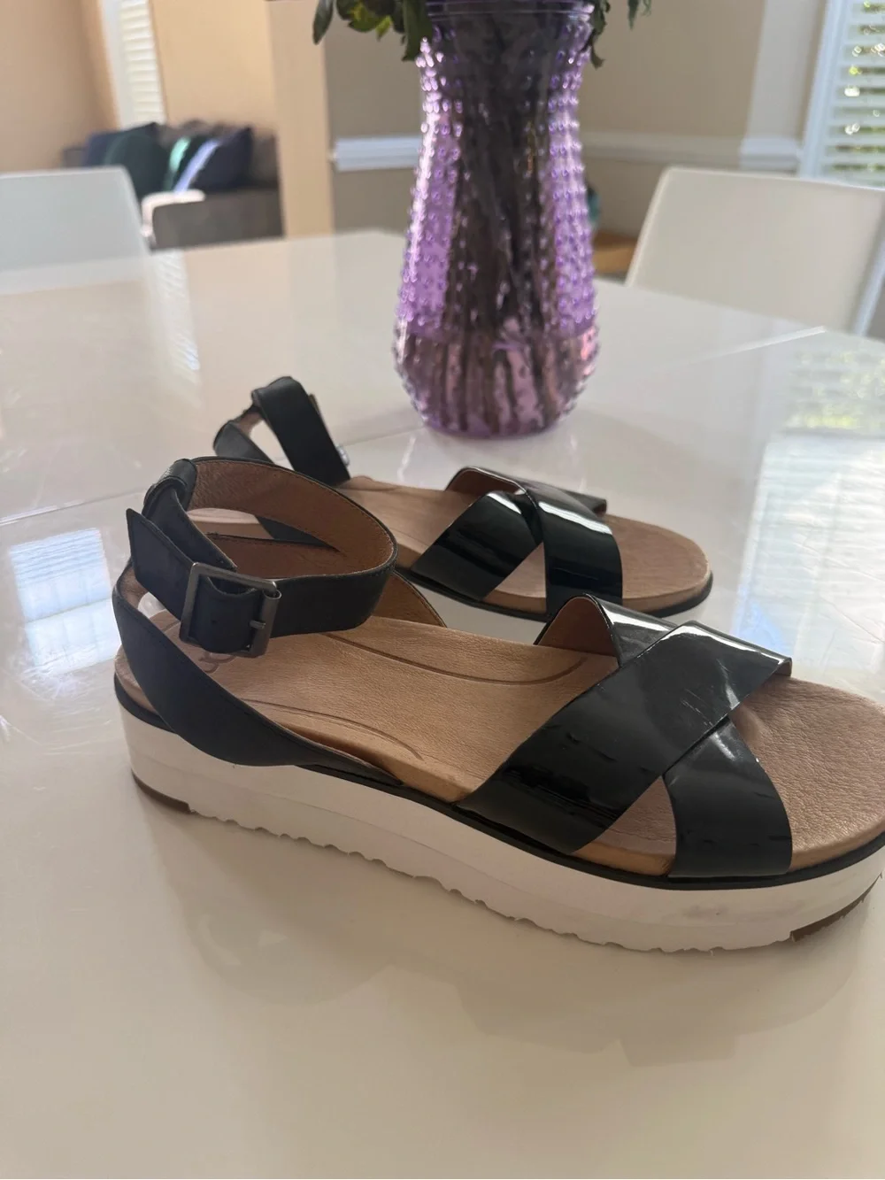 UGG Women’s Black Patent Crisscross Platform Sandals with White Sole